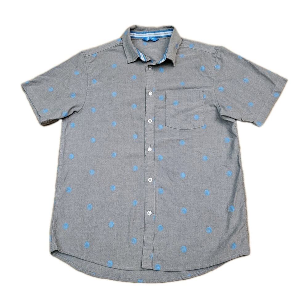 AT&T Logo Blue Cotton Short Sleeve Button Shirt Mens Medium Gray